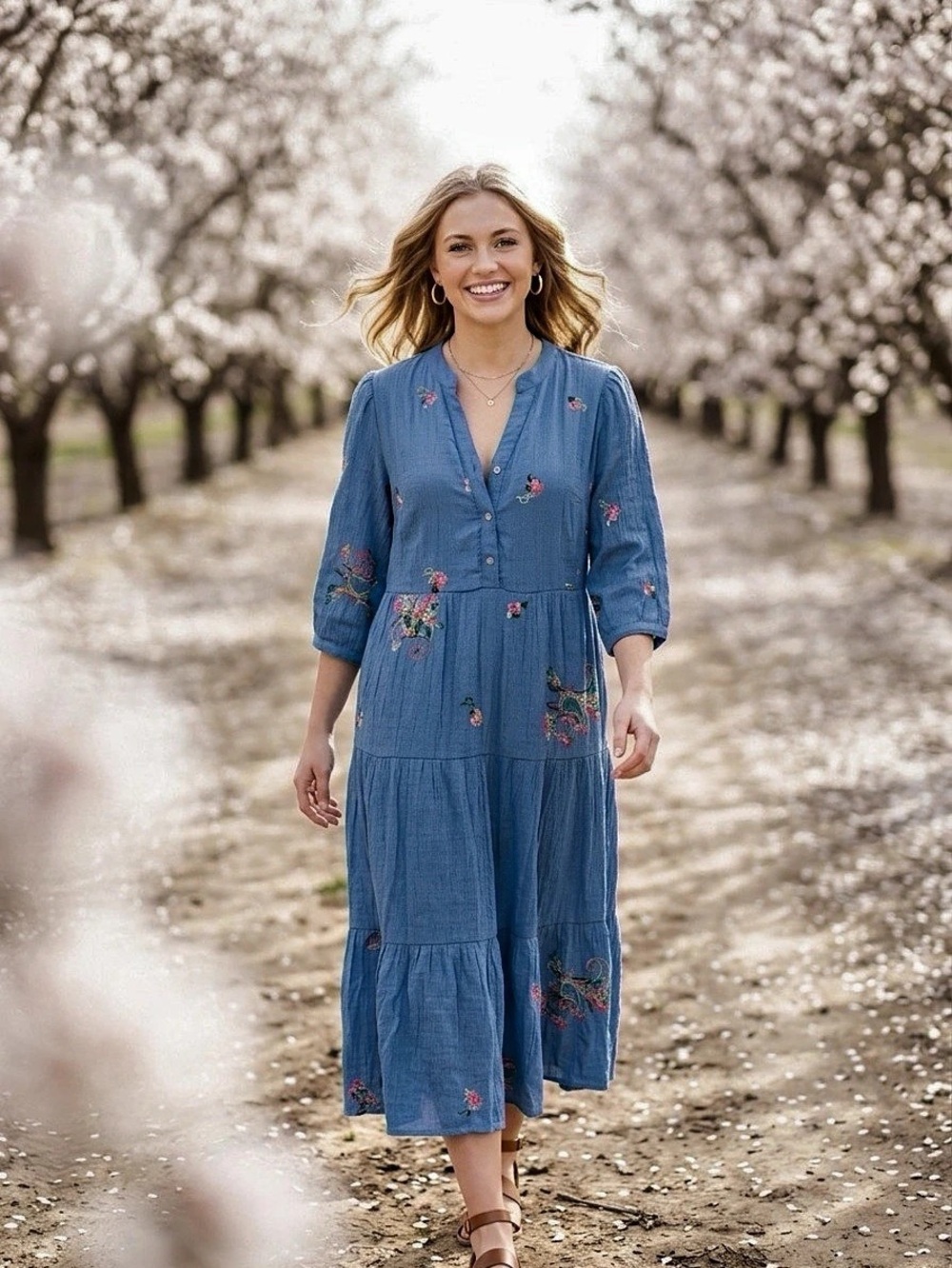Fig And Flower Anthropologie Women’s Medium Blue Tiered Embroidered Midi Dress